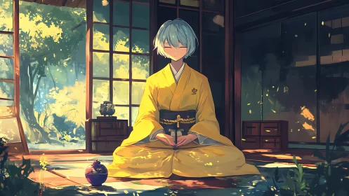 Seated figure in yellow kimono in traditional room interior.