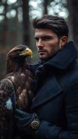 Man in dark coat holding eagle in forest setting at dusk.