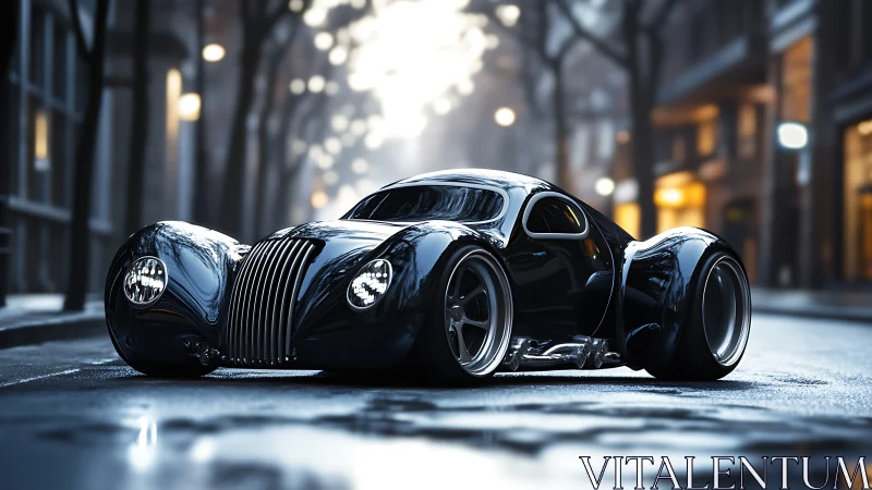 Futuristic black hot rod coupe on empty wet city street.