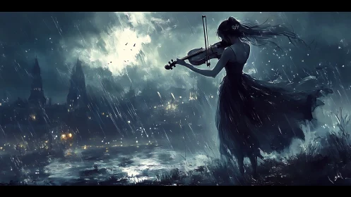 Woman plays violin in heavy rain beside illuminated water