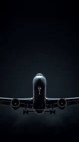 Midnight airliner rising into a calm, star-dusted sky.