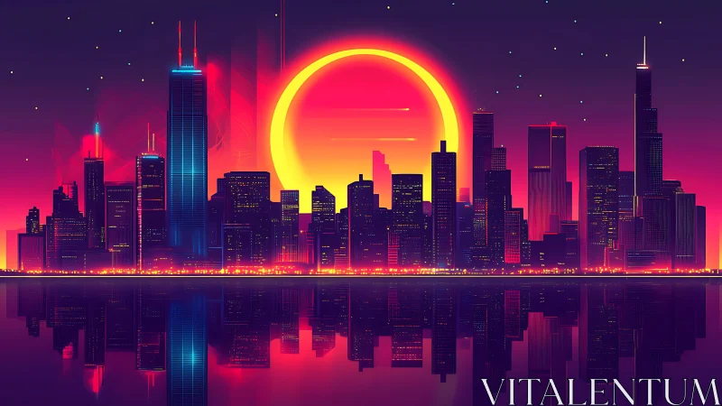 Neon eclipse skyline blazing over mirrored cyber cityscape.