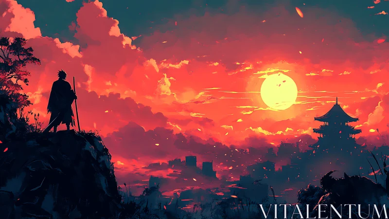 Samurai silhouette gazes over fiery sunset palace vista.
