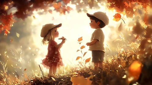 Two Young Friends Sharing a Magical Autumn Moment Together