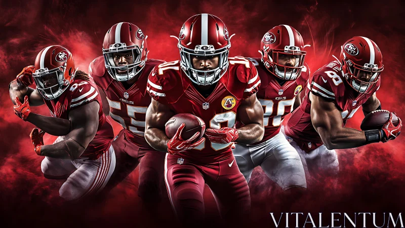 High-contrast digital composite of five gridiron players in motion