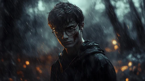 Brooding teenager stands in stormy forest as embers burn