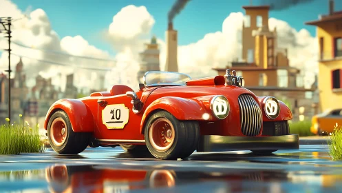 Red cartoon racing roadster on wet city street at sunset.