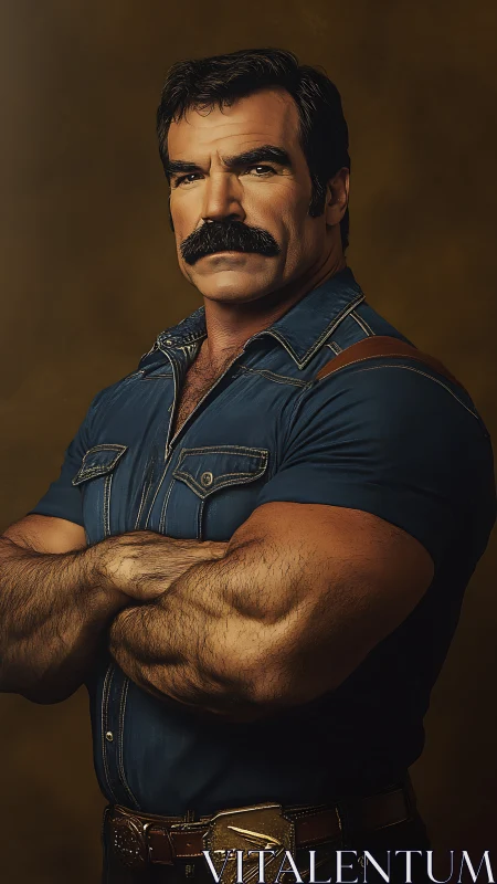 Muscular man in denim shirt poses against neutral backdrop