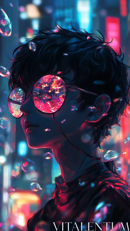 Neon-lit urban portrait with refractive holographic eyewear.