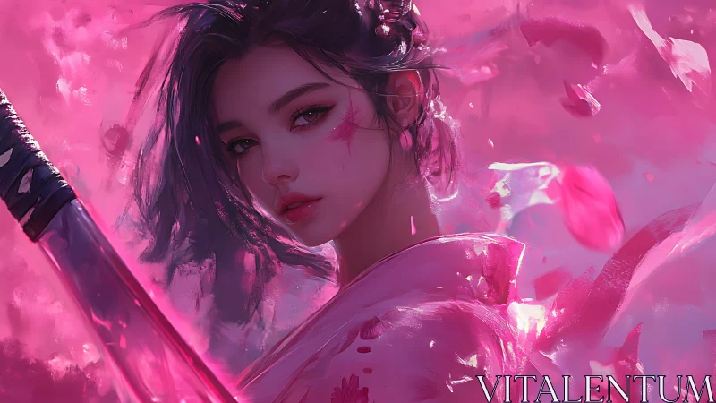 Samurai woman framed in sakura storm and neon pink light.