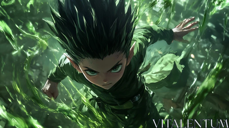 Emerald sprint: fierce forest child charging the wind.