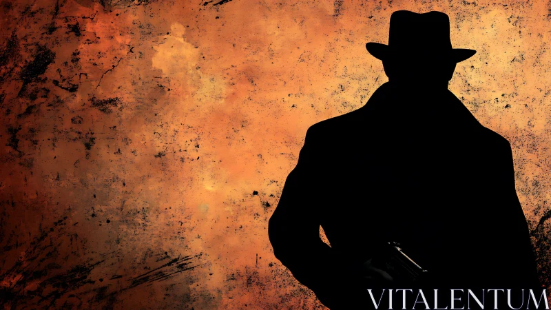 Silhouetted trench coat figure with gun on grunge backdrop.