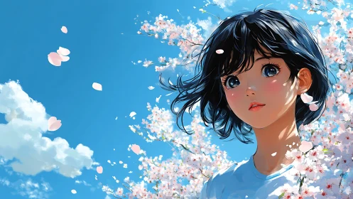 Girl under cherry blossoms gazes up through drifting petals