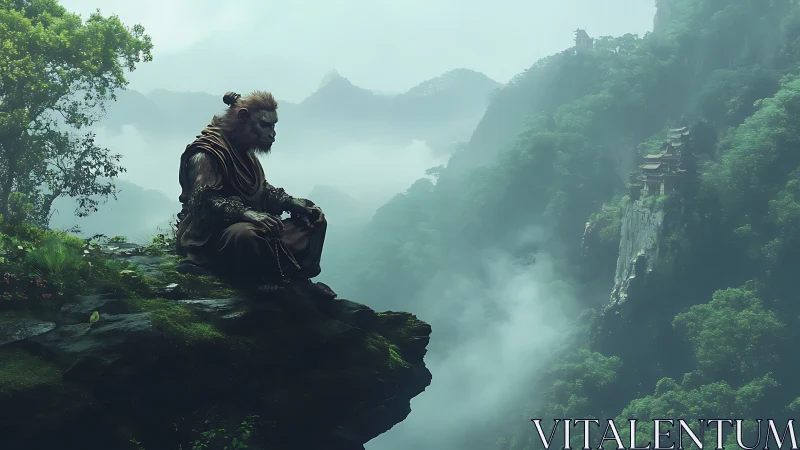 Monkey warrior meditates above misty mountain temples.