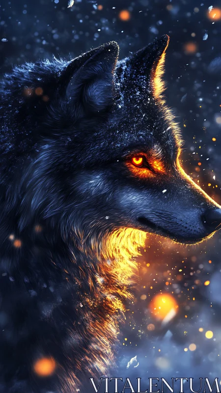 Wolf profile with glowing eye and embers in cold night.