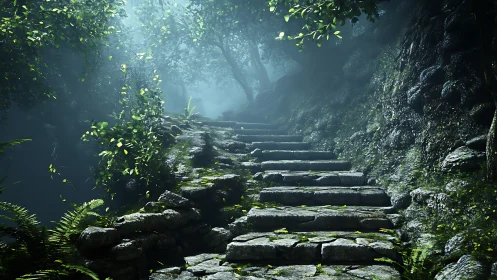 Stone pathway through misty ancient forest with verdant moss.