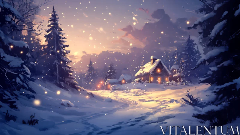 Snow-covered forest cabins glow warmly at winter sunset