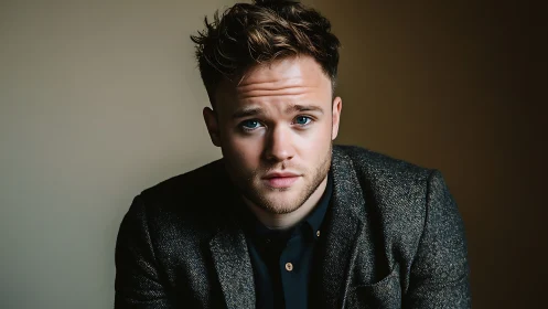 Close-cropped male portrait uses soft key lighting and shallow depth