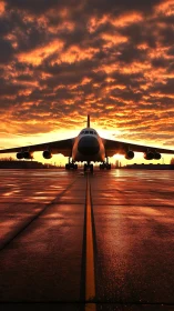 Widebody jet stands on wet runway under intense sunset sky