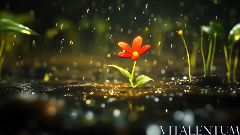 Tiny red flower glowing with gentle hope in soft rain.