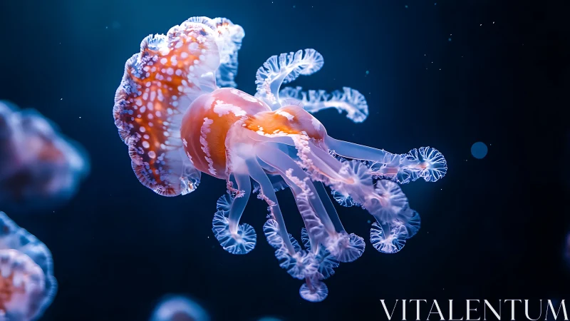 Bioluminescent jellyfish drifts through dark pelagic water
