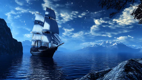 Sailing ship moves across calm blue sea under star field