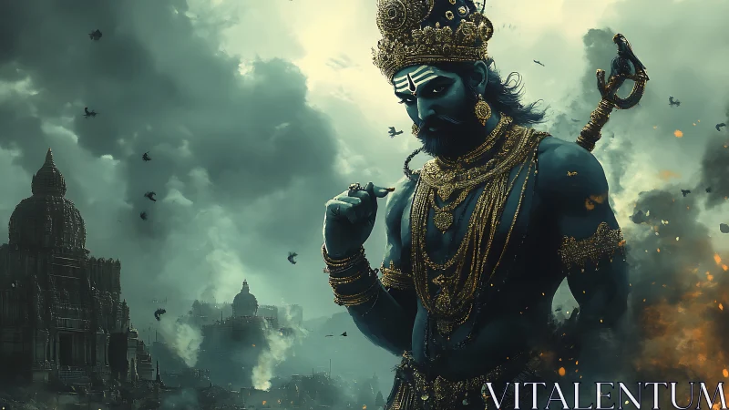 Mythic blue warrior amid stormy temples and smoke clouds.