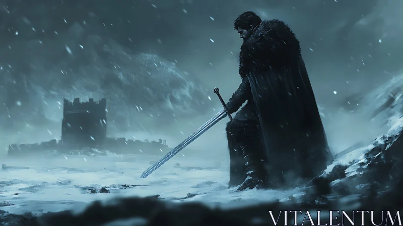 Solitary black-cloaked swordsman in blizzard beside ruined fortress.