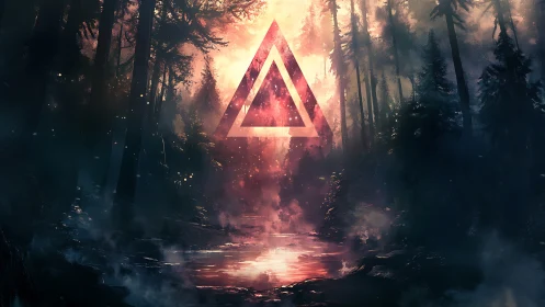 Geometric Portal Through Dark Forest Rendered in Radiant Light.