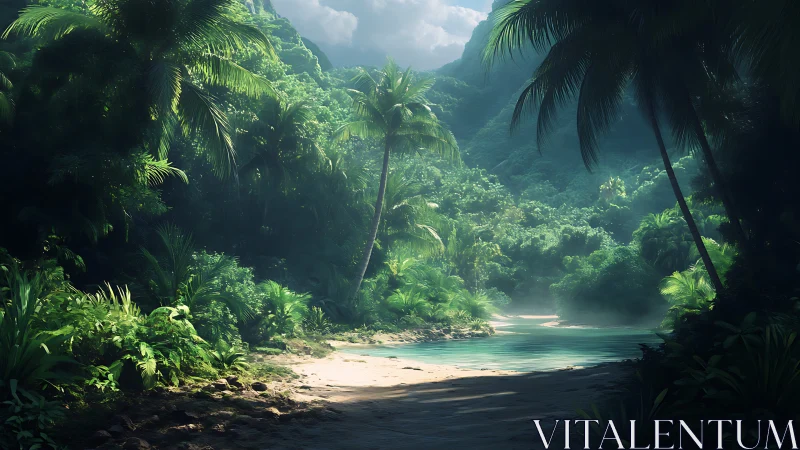 Tropical valley with river and palm vegetation.