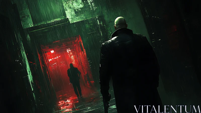 Two figures stand in a rain-soaked, neon-lit urban corridor