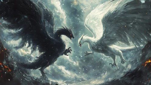 Mythic black and white phoenixes clash in storm sky