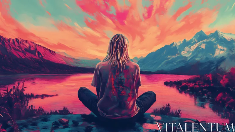 Solitary figure studies neon dusk over mirrored mountains.