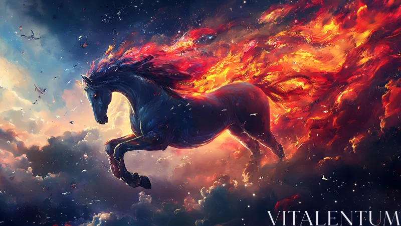 Fiery celestial horse charges through stormlit cosmic sky