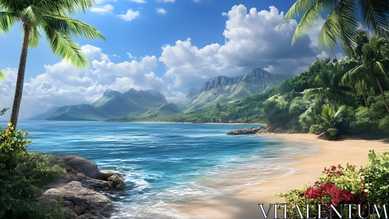 Tropical beach with mountains, palm trees, and turquoise ocean water.