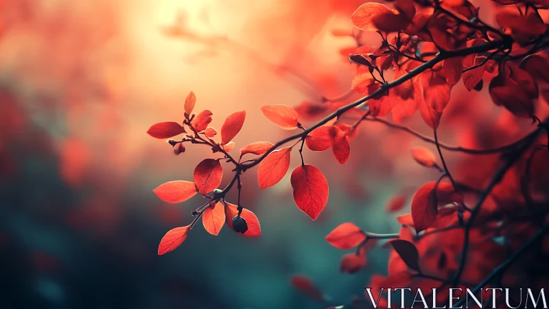 Red foliage branch in soft backlit environment at dusk.