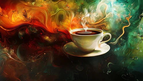 Steaming coffee cup anchors swirling abstract color field.