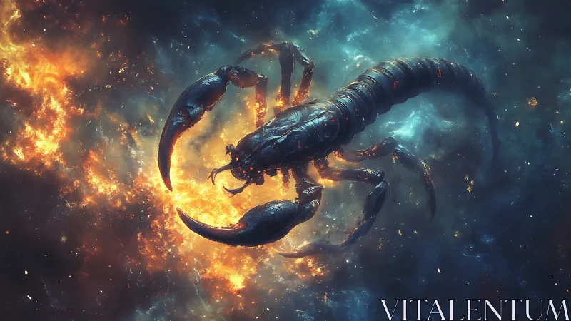 Scorpion silhouette within cosmic fire and nebula field.