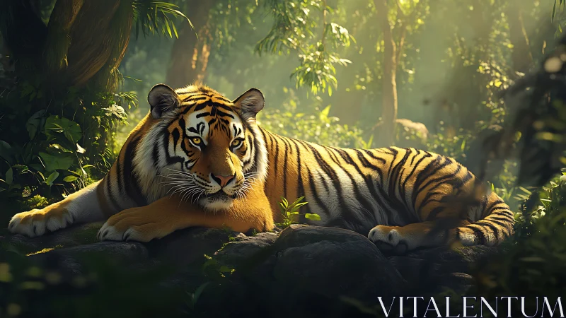 Photorealistic tiger resting on sunlit jungle forest floor.