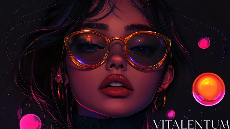Neon-lit woman in oversized glasses gazes into glowing orbs.