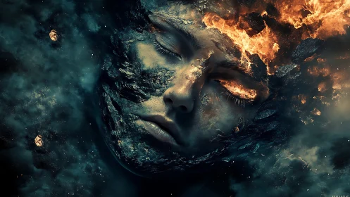 Molten stone visage disintegrates into fire within cosmic void