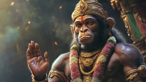 Divine simian guardian raises a blessing hand in gold light.