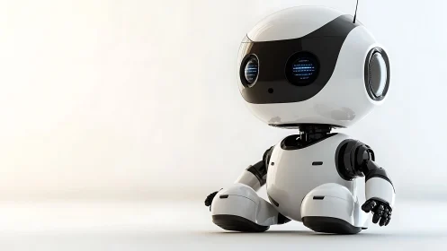Curious little robot sits calmly in a bright, friendly space