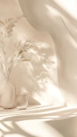 Minimal beige vases with dried grass in soft sunlight.