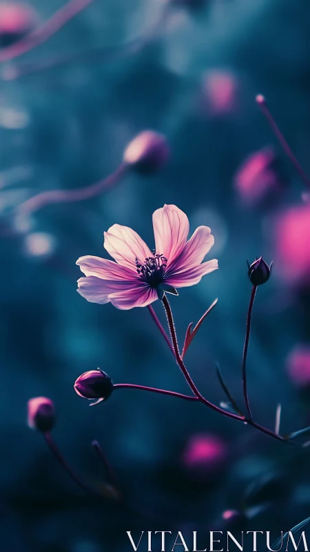 Pink Cosmos Flower in Selective Focus Against Blurred Teal Background.