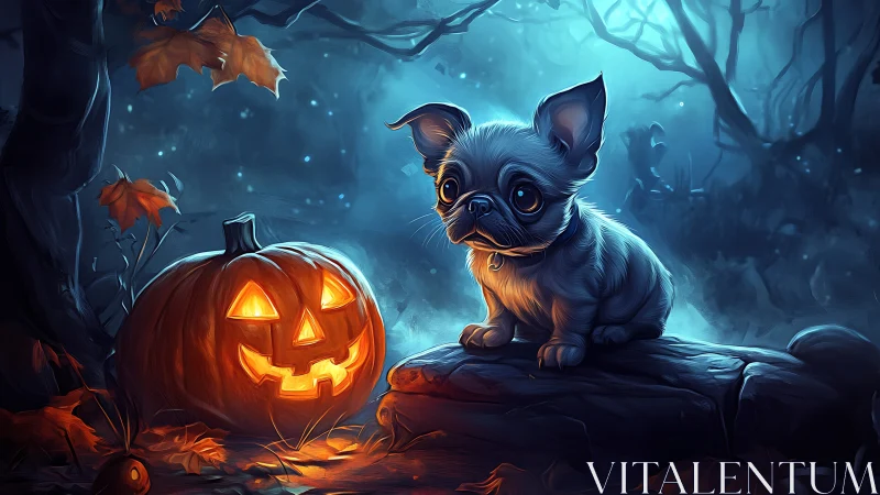 Small bulldog watches glowing jack o lantern in misty forest