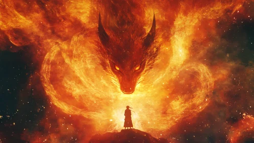 Sorcerer confronts colossal flaming dragon amid cosmic void