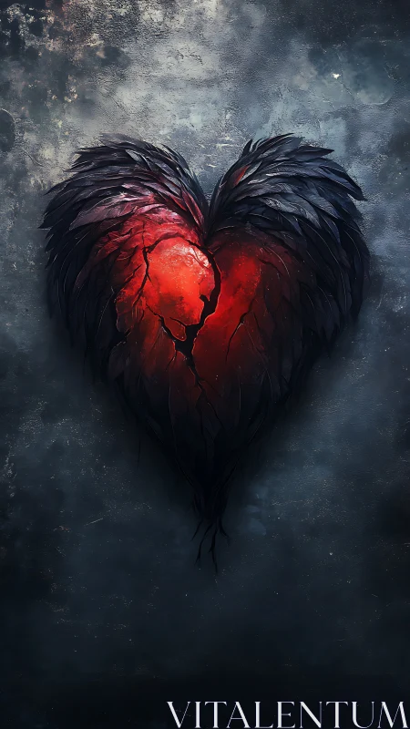 Shattered ember heart wrapped in storm-dark raven feathers.