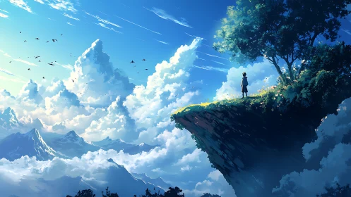 Solitary figure on cliff edge above distant clouded peaks.