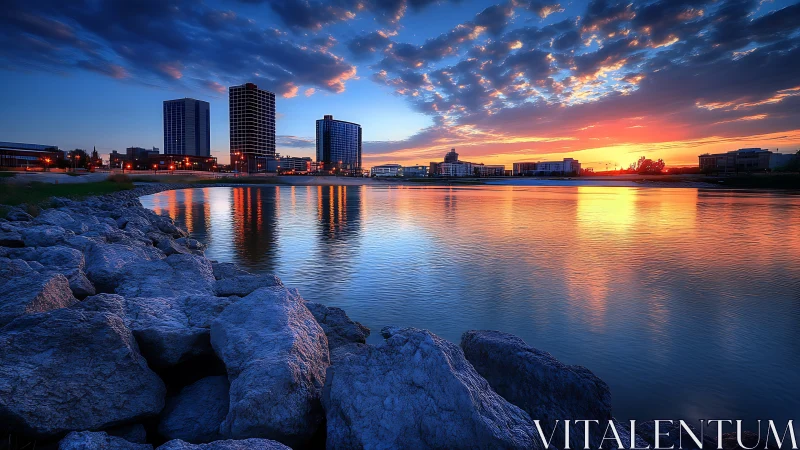 Urban waterfront skyline under vivid sunset glow.
